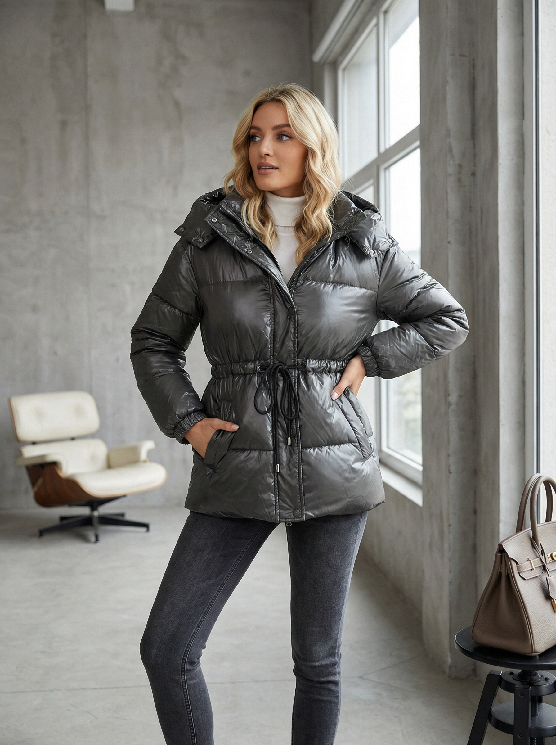 Warme gesteppte Winterjacke mit Kapuze