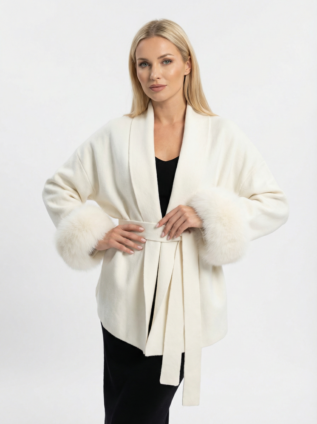 Woll-Blend-Mantel mit Kunstfell-Ärmeln