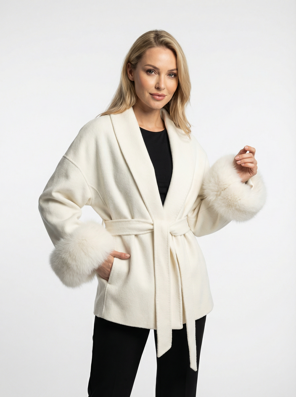 Woll-Blend-Mantel mit Kunstfell-Ärmeln