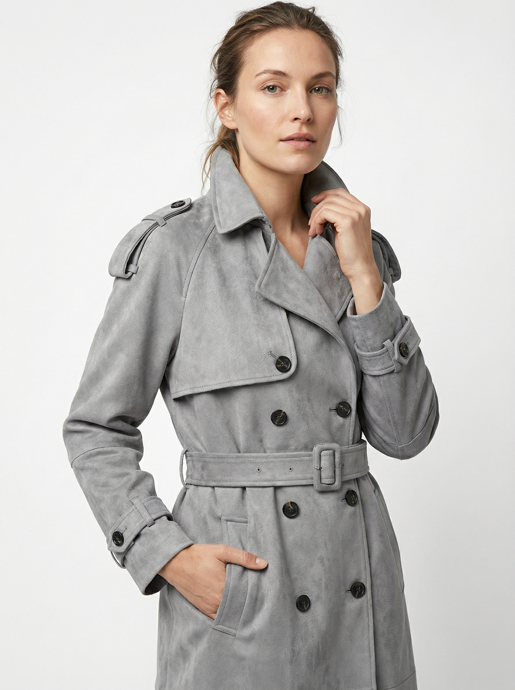 Wildleder-Optik Trenchcoat mit Gürtel