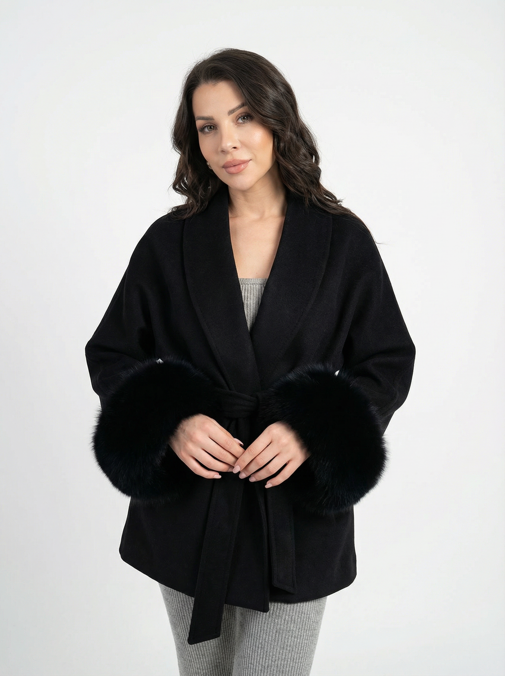 Woll-Blend-Mantel mit Kunstfell-Ärmeln