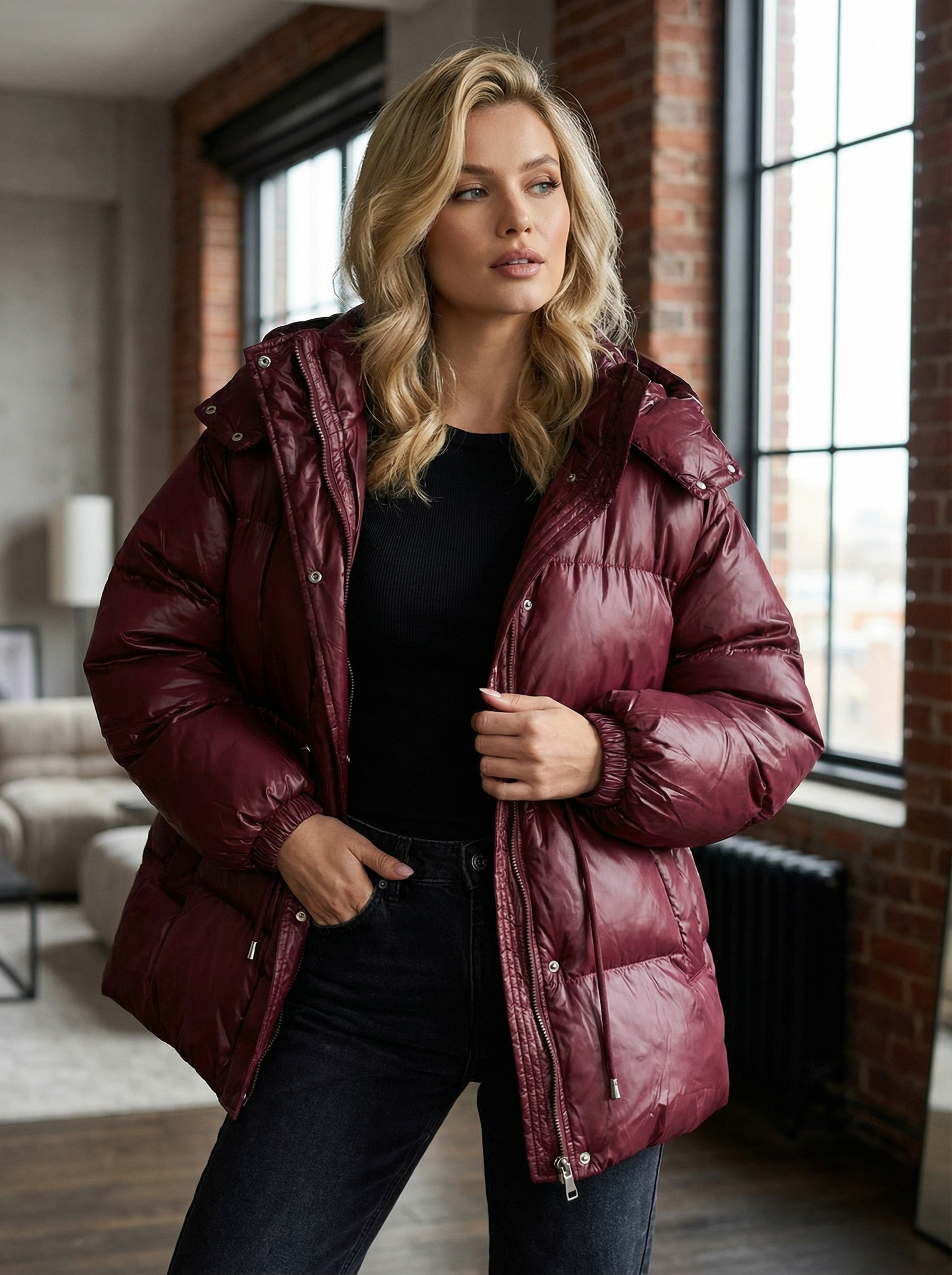 Warme gesteppte Winterjacke mit Kapuze