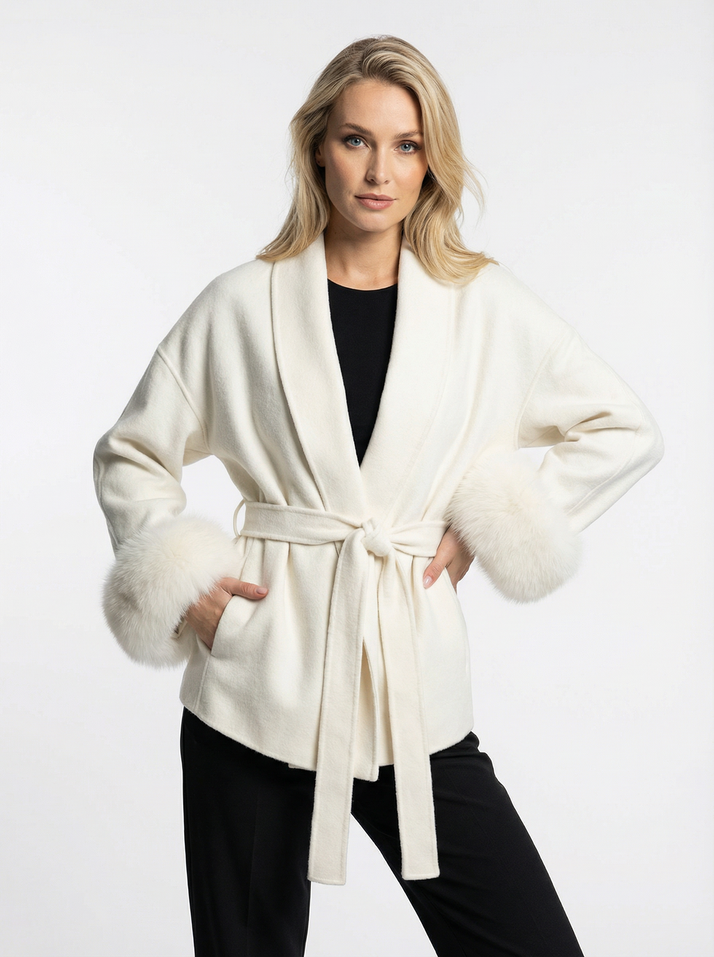 Woll-Blend-Mantel mit Kunstfell-Ärmeln