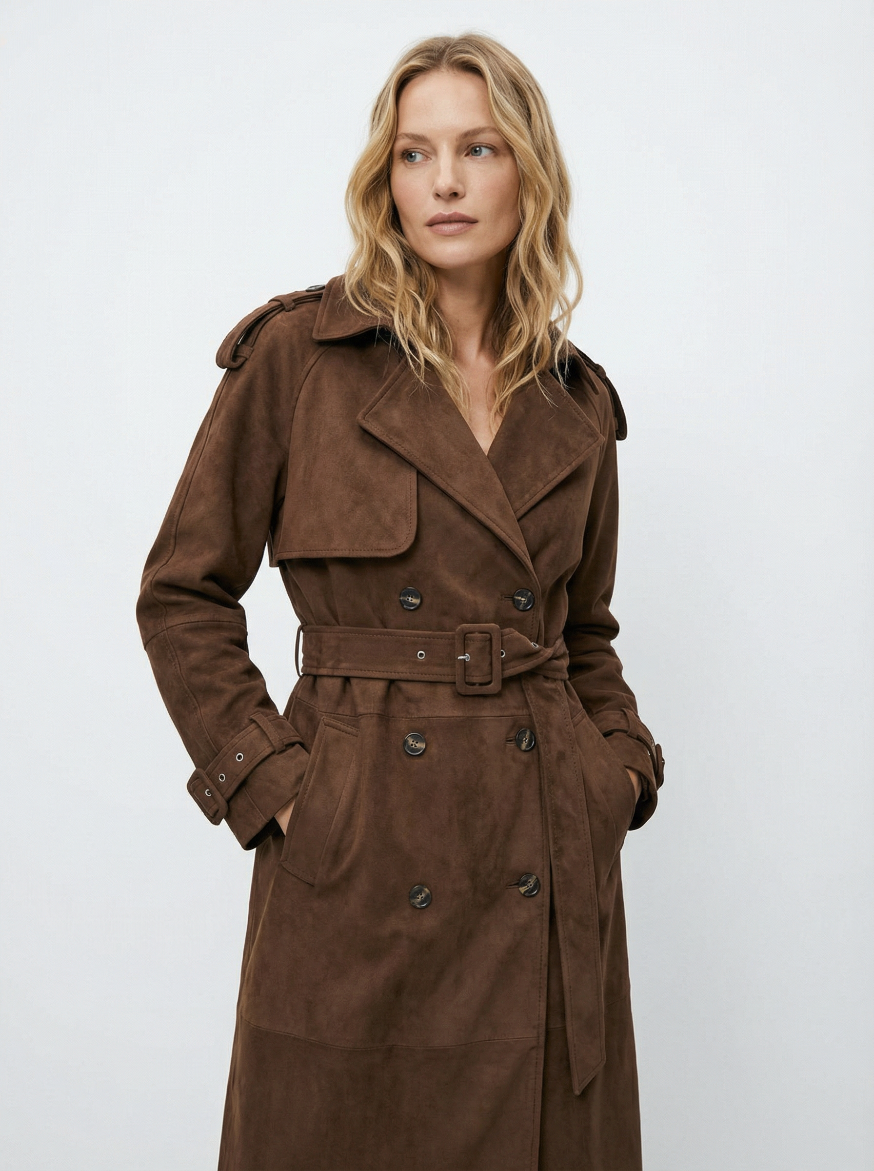 Wildleder-Optik Trenchcoat mit Gürtel