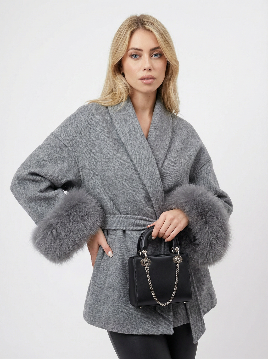 Woll-Blend-Mantel mit Kunstfell-Ärmeln