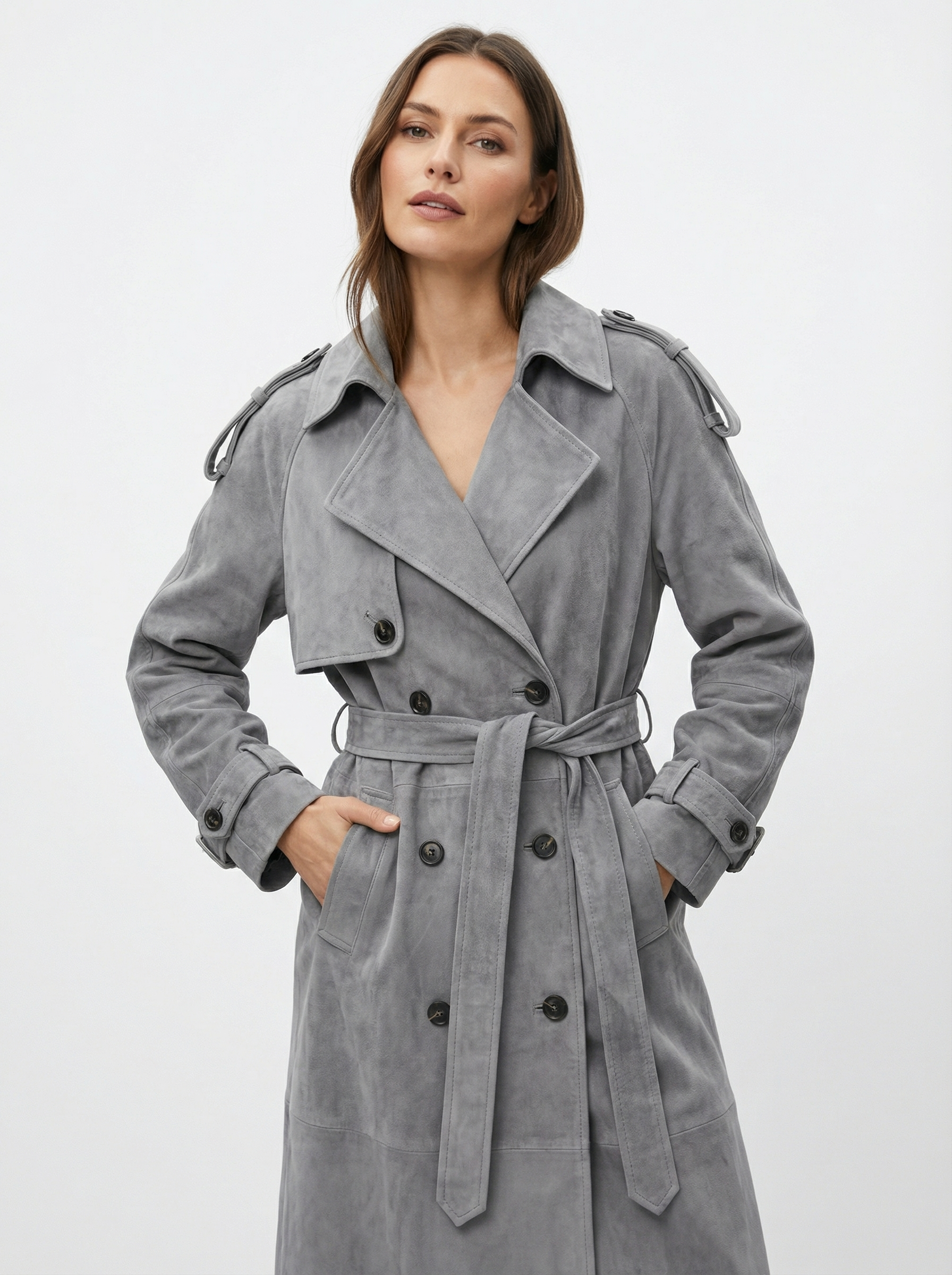 Wildleder-Optik Trenchcoat mit Gürtel